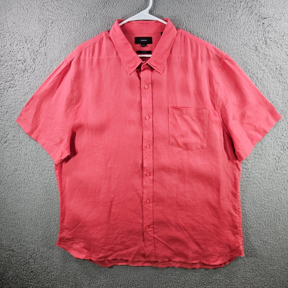 Vince‎ Mens XL Classic Fit Short Sleeve 100% Linen Button Down Shirt Coral Pink